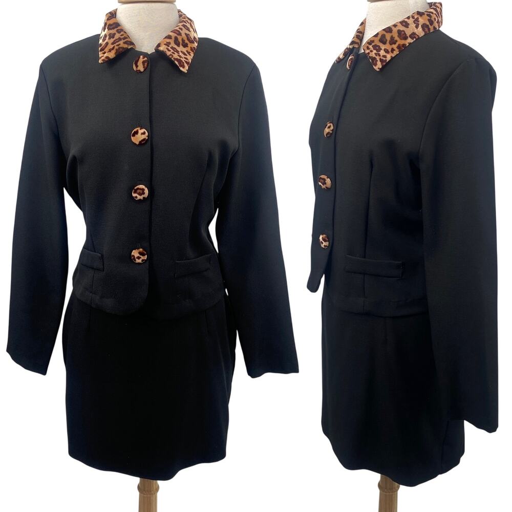 Vintage 80s 90s 2 Piece Leopard Print Faux Fur Trim Skirt Set Suit Black Medium